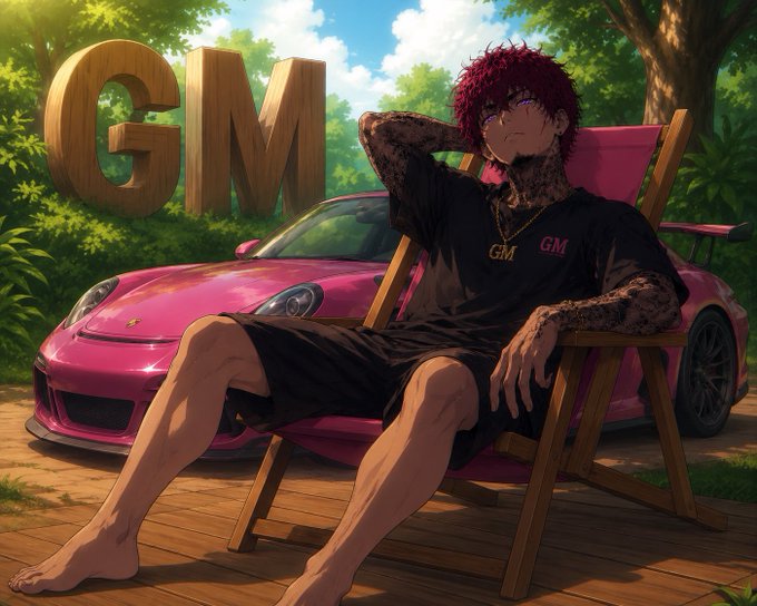 An anime-style character with red hair relaxes in a wooden deck chair in front of a pink sports car, with large golden "GM" letters displayed prominently in the background, matching the "Gm GANG" morning greeting post.