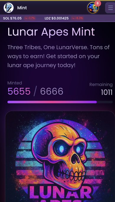 A webpage for 'Lunar Apes Mint' NFT collection showing 5655/6666 minted, featuring a colorful neon skull with text 'LUNAR APES' and prices for SOL ($76.05) and LDZ ($0.001425).