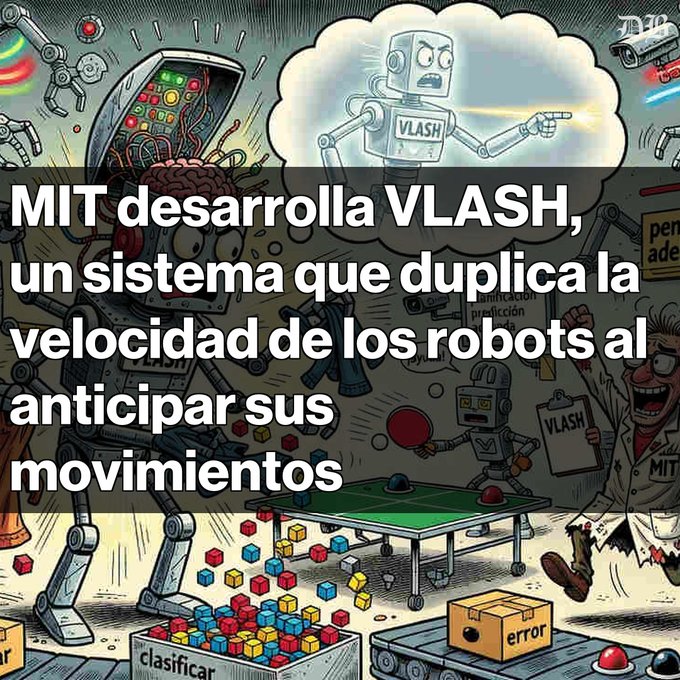 A cartoon illustration depicts robots and machinery with Spanish text overlay reading 'MIT desarrolla VLASH, un sistema que duplica la velocidad de los robots al anticipar sus movimientos'.