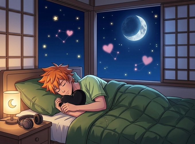 An anime-style illustration of a young man with orange hair sleeping in bed, hugging a dark cat, with a crescent moon lamp on the nightstand and a starry night sky with hearts and a crescent moon visible through the window.