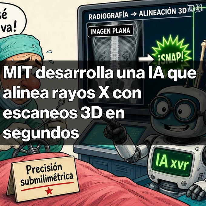 An illustrated cartoon shows a nervous surgeon next to a robot labeled 'IA xvr' with Spanish text reading 'MIT desarrolla una IA que alinea rayos X con escaneos 3D en segundos' and a sign stating 'Precisión submilimétrica'.