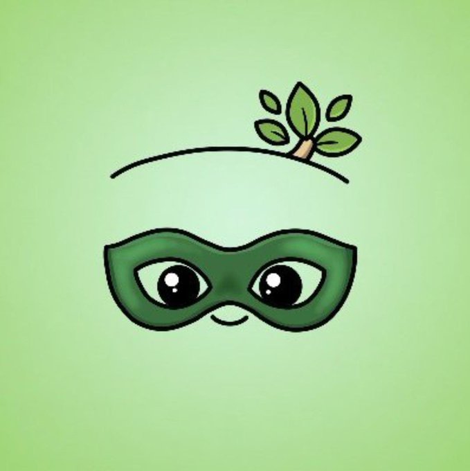 A cute cartoon character wearing a green superhero mask and a small plant growing on its head against a green background.
