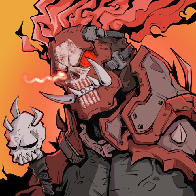 A stylized digital illustration depicts a fierce, red-armored demonic figure with glowing red eyes and smoke billowing from its head against an orange background.