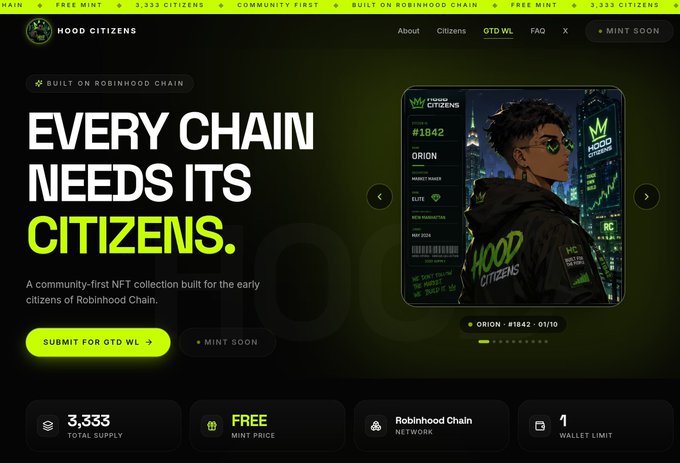 The image is a promotional landing page for "Hood Citizens," a free NFT mint with 3,333 total supply on Robinhood Chain, featuring a call-to-action to "Submit for GTD WL" by Aug 14 at 6 PM UTC. The page displays a stylized character NFT card labeled "ORION - #1842 - 01/10" and advertises a free whitelist mint opportunity, directly supporting the urgent call to apply at hoodcitizens.xyz/gtd-wl before the deadline.