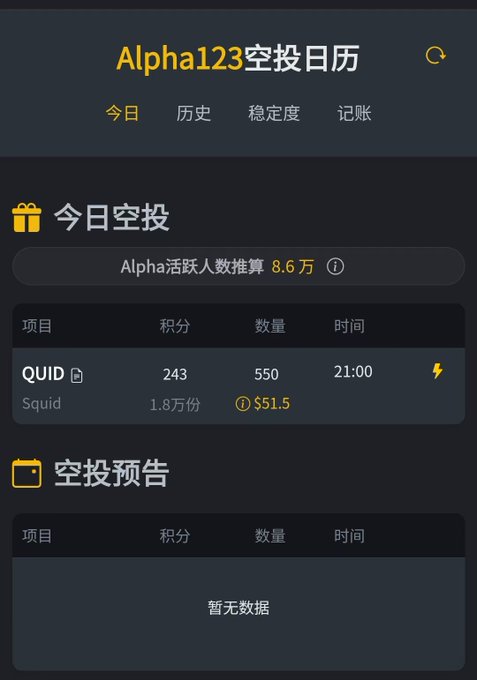Chinese-language 'Alpha123空投日历' (Airdrop Calendar) app showing today's airdrop for QUID (Squid) with 243 points, 550 quantity at 21:00, and a reward of $51.5.