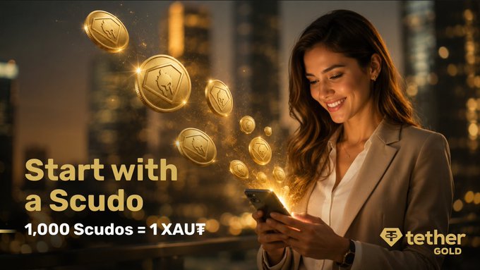 A smiling woman in a beige blazer looks at her phone as glowing gold coins float from the screen, with text reading "Start with a Scudo — 1,000 Scudos = 1 XAU₮" and the Tether Gold logo, visually reinforcing the post's message that $XAUT tokenizes real physical gold into accessible digital fractions.