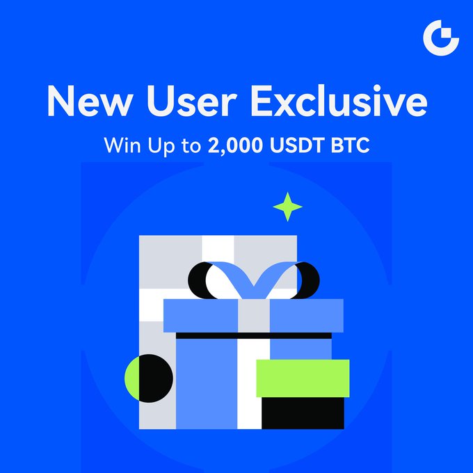 A promotional banner with a blue background displays a gift box graphic and reads "New User Exclusive — Win Up to 2,000 USDT BTC," advertising a limited-time airdrop for new users who complete deposit, futures, and CFD trading tasks.