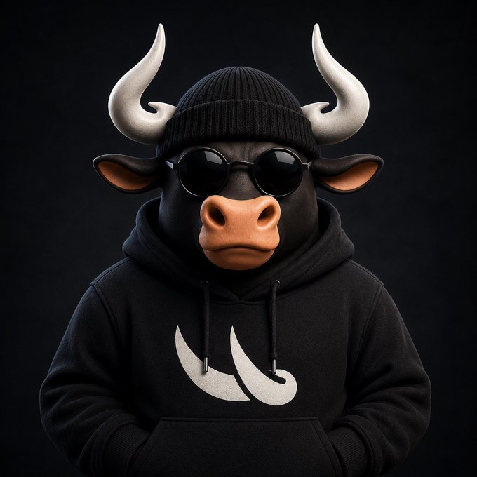 A 3D-rendered anthropomorphic bull wearing a black beanie, dark round sunglasses, and a black hoodie with a white logo.