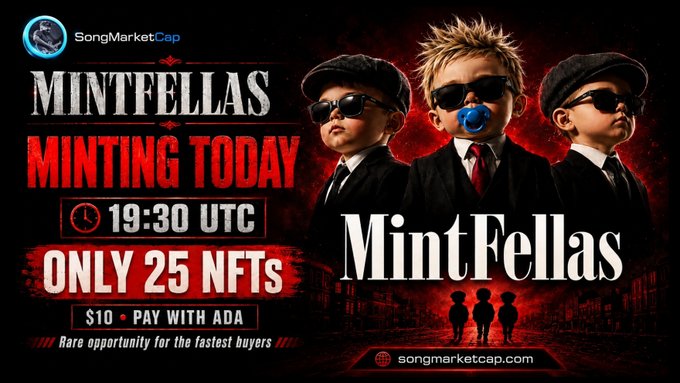 A promotional graphic for 'MintFellas' NFT minting, stating 'MINTING TODAY', '19:30 UTC', 'ONLY 25 NFTS', and '$10 - PAY WITH ADA' via SongMarketCap.