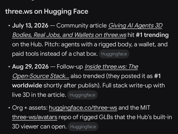 A text snippet about 'three.ws on Hugging Face', referencing community articles from July 13, 2026 and Aug 29, 2026 about AI agents.