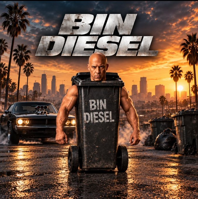A promotional poster features Vin Diesel emerging from a black trash bin labeled 'BIN DIESEL', with a car and city skyline at sunset in the background, playing on the word 'bin' (trash).