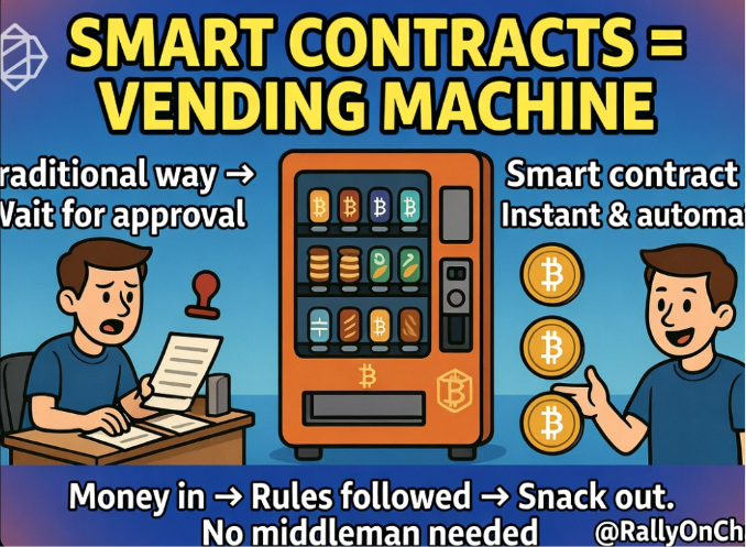 A cartoon illustration titled 'SMART CONTRACTS = VENDING MACHINE' contrasts a frustrated person waiting for approval on the left with a smiling person receiving instant Bitcoin on the right, with the caption 'Money in → Rules followed → Snack out. No middleman needed' and @RallyOnChain credit.