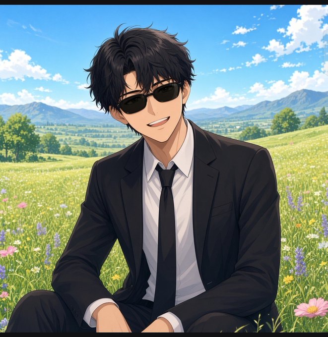 An anime-style illustration of a young man with messy black hair wearing sunglasses, a black suit, white shirt, and black tie, sitting in a green meadow filled with wildflowers under a blue sky with mountains in the background.
