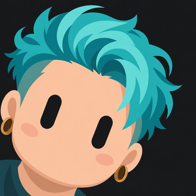A digital illustration shows a cute chibi-style character with large black oval eyes, rosy cheeks, hoop earrings, and spiky turquoise hair against a black background.