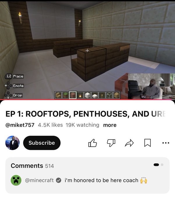 The image shows a YouTube livestream by @miket757 titled "EP 1: ROOFTOPS, PENTHOUSES, AND URE" featuring Minecraft gameplay, with 19K viewers watching—matching the context of Mike Tomlin's gaming livestream. A comment from the verified @minecraft account reads "i'm honored to be here coach," confirming the football coach is featured in the broadcast.