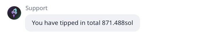 A chat message from a 'Support' account stating, 'You have tipped in total 871.488sol'.