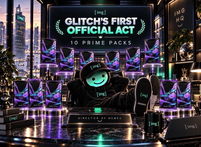 A digital promotional image reads 'GLITCH'S FIRST OFFICIAL ACT - 10 PRIME PACKS', featuring a figure with a smiley face mask lounging on a desk surrounded by purple holographic product packs.