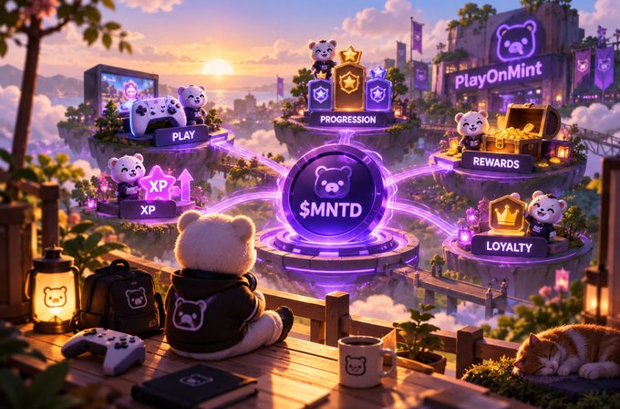 A vibrant, fantasy-style promotional image for 'PlayOnMint' featuring a teddy bear character overlooking floating islands with glowing purple pathways connecting gaming elements labeled 'PLAY,' 'PROGRESSION,' 'REWARDS,' 'LOYALTY,' and 'XP,' centered around a '$MNTD' token icon.