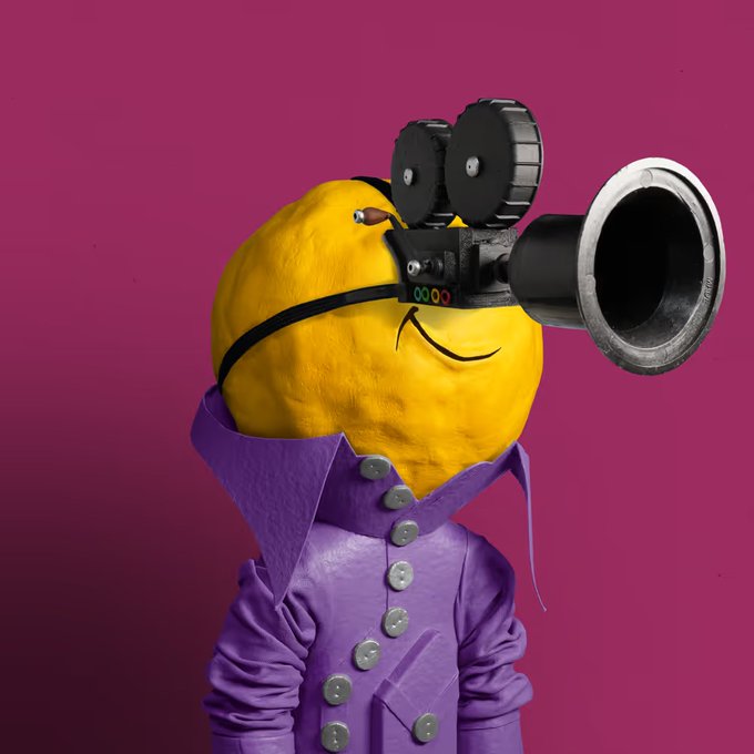 A 3D-rendered character with a yellow spherical head wearing a purple trench coat, with a mechanical device featuring wheels and a large cone-shaped lens attached to its face.