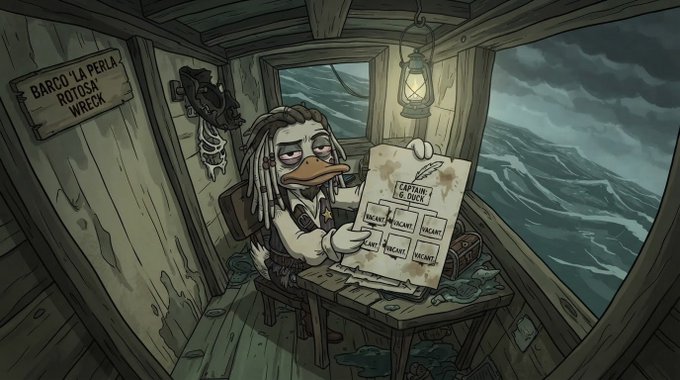 A scruffy, world-weary duck captain sits in the cabin of the "Barco 'La Perla' - R.O.T.O.S.A. Wreck," holding a quest map labeled "Captain G.G. Duck" with a grid of "Vacant" and "Engaged" slots, visually tying to the post's theme of building a crew by filling empty seats on a voyage to captaincy.