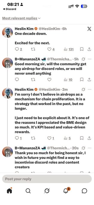 A screenshot of a Twitter/X thread discussing Discord roles and airdrops between users Heslin Kim (@HeslinKim) and B-ManazeZA (@Thormich...).