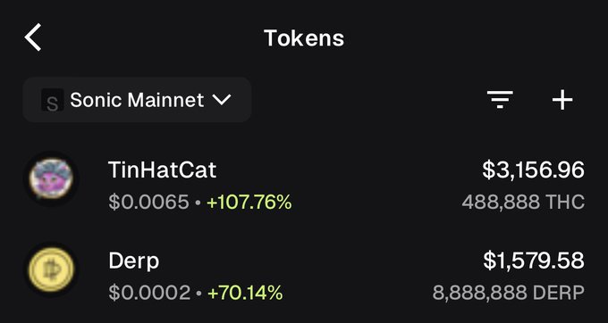 A crypto wallet token list on Sonic Mainnet showing TinHatCat at $3,156.96 (+107.76%) and Derp at $1,579.58 (+70.14%).
