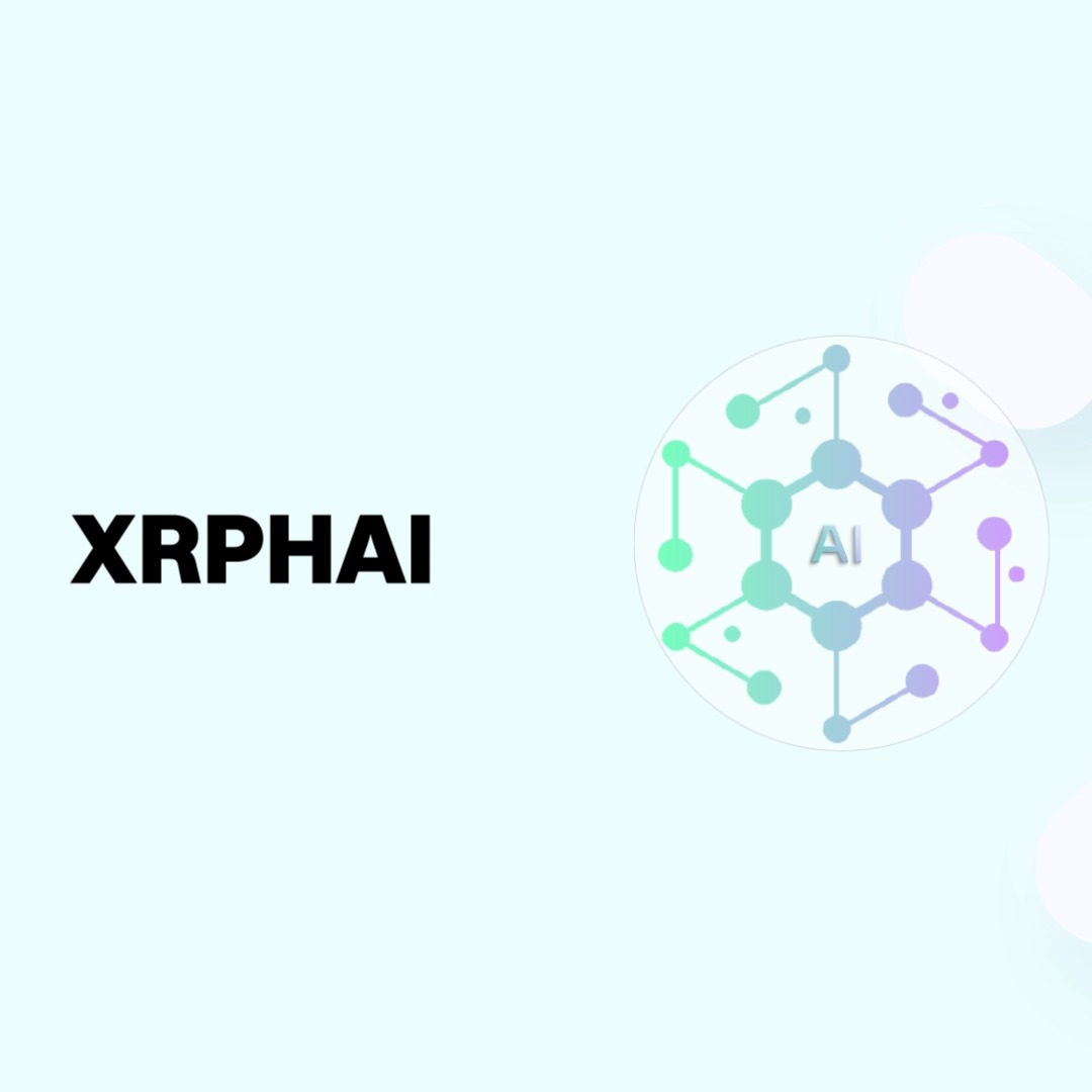 A logo graphic featuring the bold black text "XRPHAI" alongside a circular network/molecular design in pastel teal and purple hues with "AI" at its center, representing the XRP Healthcare AI (XRPHAI) token to promote its new listing on BitMart exchange.
