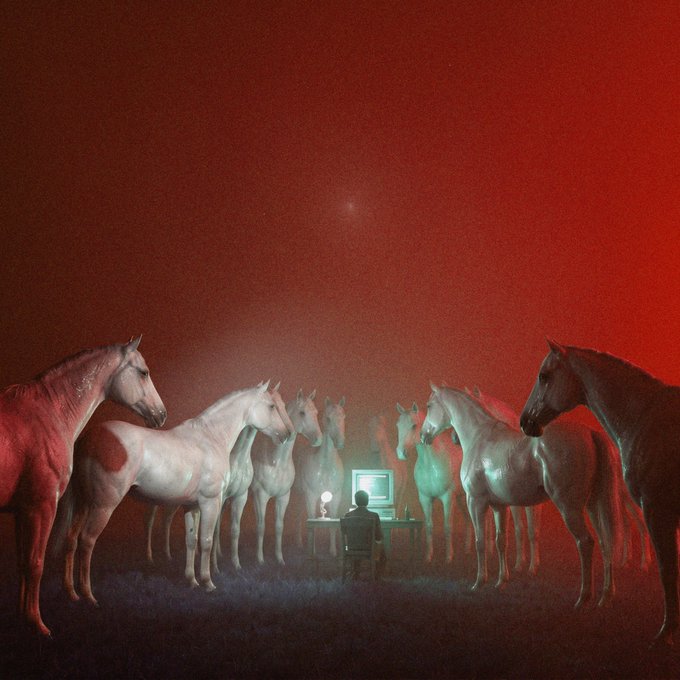 A surreal digital artwork showing a person sitting at a glowing computer monitor, surrounded by a circle of white horses in a foggy, red-lit void.