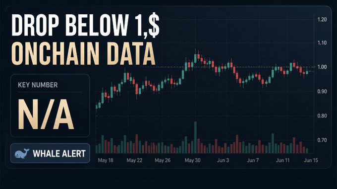 A candlestick price chart spanning May 18 to June 15 shows XRP trading near the $1.00 level, with a large "DROP BELOW 1, $" headline, a "KEY NUMBER: N/A" data panel, and a "WHALE ALERT" indicator alongside volume bars at the bottom—visually reinforcing the post's claim that XRP's risk of falling below $1 has risen to 15% despite whale accumulation.