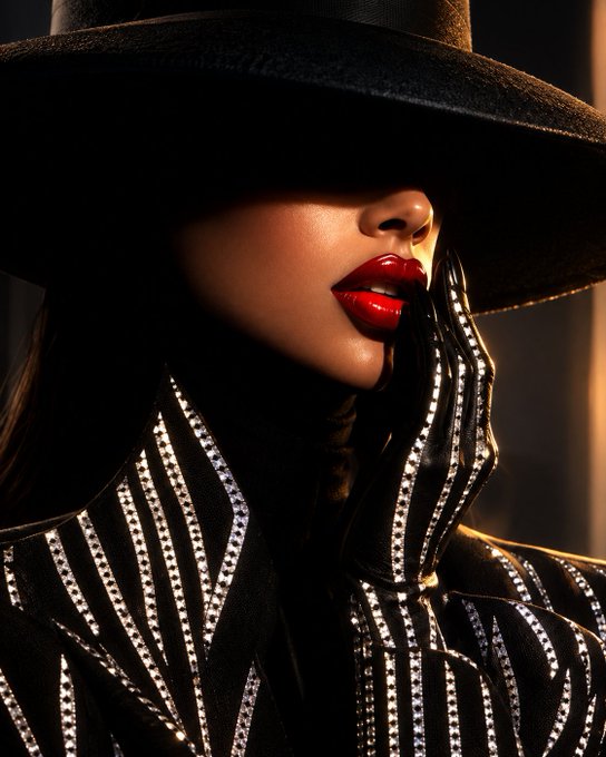 A close-up portrait of a woman with long black nails wearing a wide-brimmed black hat, bold red lipstick, and a black-and-white pinstripe outfit.