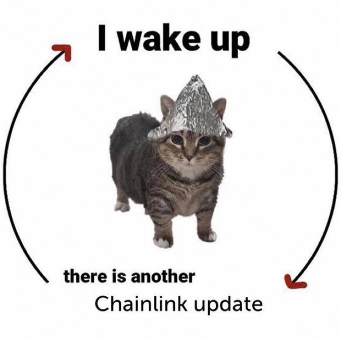A humorous circular graphic featuring a tabby cat wearing a tin foil hat, with text reading 'I wake up' at the top and 'there is another Chainlink update' at the bottom, connected by arrows in a loop.