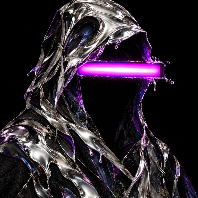 A hooded figure with a metallic, liquid-like silver cloak has a glowing purple horizontal bar where their face would be, set against a black background.