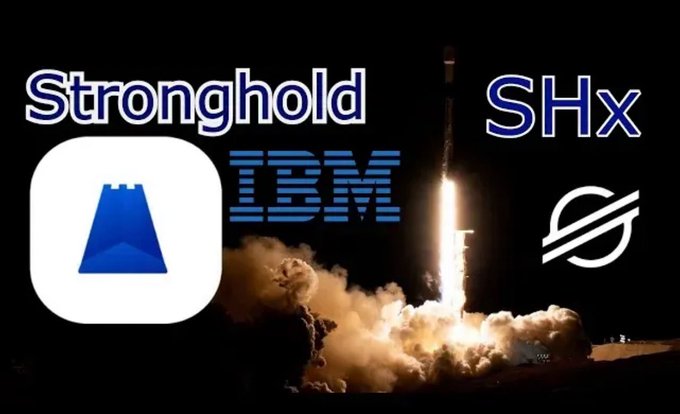 The image features a rocket launch with the text "SHX" written above it, which stands for Space Hx. The background of the image is black, making the rocket stand out prominently. Below the rocket, there are three logos - one blue, one white, and one green. These logos represent IBM, Stronghold, and Shax respectively.