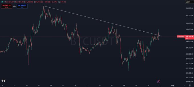 A Bitcoin (BTCUSDT) candlestick chart on a 4-hour timeframe shows price action between approximately $42,000 and $66,900, featuring a prominent downward-sloping trendline resistance. The chart illustrates volatile price swings with long wicks characteristic of sharp reversals, visually emphasizing how Bitcoin can erase days of gains with just a few large candles.