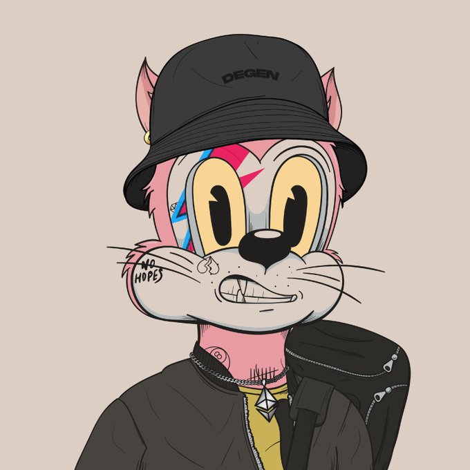 A cartoon illustration of a pink anthropomorphic cat character wearing a black 'DEGEN' bucket hat, with a 'NO HOPE' tattoo and a black jacket.