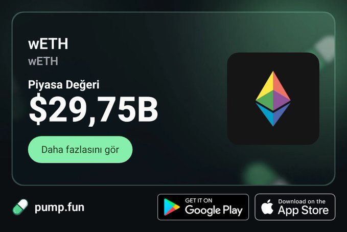A promotional card for 'wETH' showing a market cap of '$29.75B' with the Ethereum logo and pump.fun branding alongside Google Play and App Store buttons.