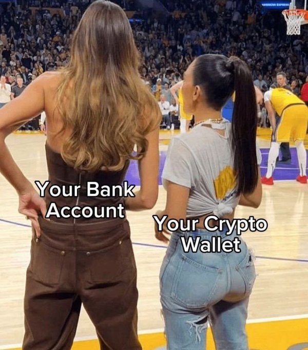 A meme showing two women from behind at a basketball game, labeled 'Your Bank Account' (larger figure) and 'Your Crypto Wallet' (smaller figure), humorously implying the bank account is bigger than crypto holdings.