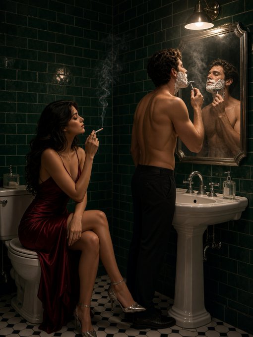 A stylized scene in a green-tiled bathroom where a woman in a red satin dress sits smoking a cigarette while a shirtless man shaves at the mirror.