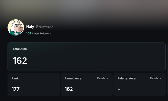 A digital profile for user "Naly" (@NalyMetaX) shows 168 Smart Followers, a Total Aura of 162, Earned Aura of 162, and a Rank of 177.