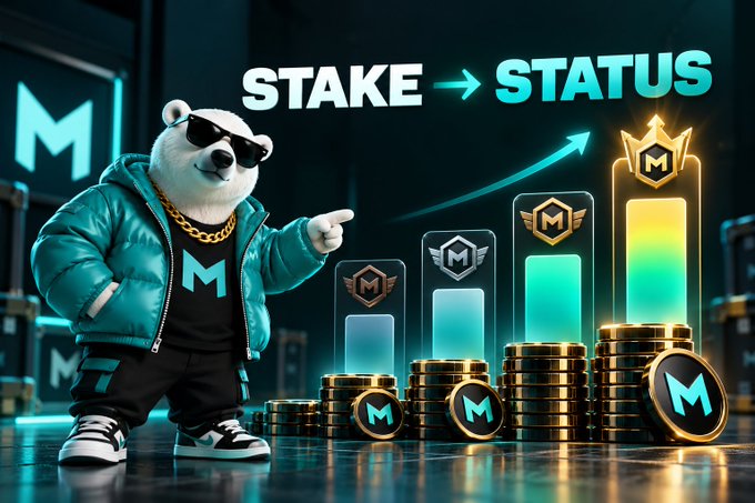 A promotional image for a crypto project featuring a bear mascot in sunglasses and a teal jacket, with the headline 'STAKE → STATUS' and a graphic showing increasing levels and stacks of coins marked with 'M'.
