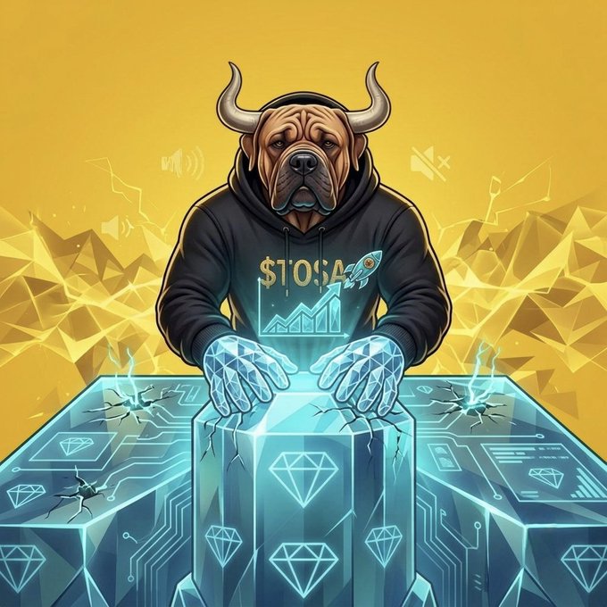 A digital illustration depicts a dog-headed figure in a black hoodie with '$TOGA' printed on it, resting glowing crystal-covered hands on a futuristic technological pedestal against a yellow background.