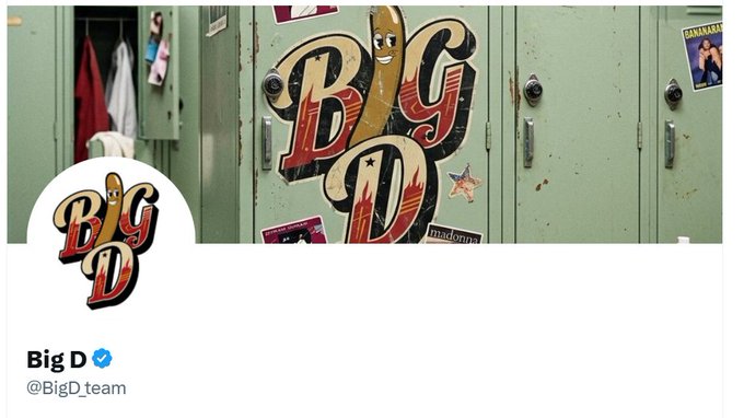 The image displays the Twitter/X profile page for "Big D" (@BigD_team), featuring a verified badge and a profile pic depicting a cartoon banana character styled with "Big D" lettering, set against a backdrop of green school lockers with a matching large "Big D" graffiti design. The graphic serves as branding for the NFT-powered builder community on Robinhood, with the locker and graffiti aesthetic reinforcing the "early find" and community-building theme of the post.