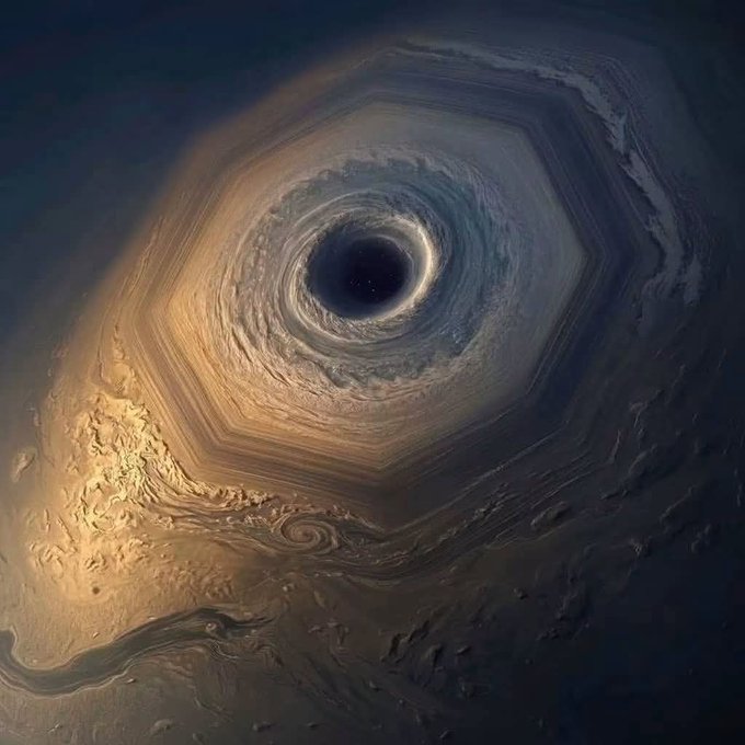 A surreal digital artwork depicting a hexagonal vortex resembling a black hole in a Martian-looking landscape with swirling clouds and terrain features.