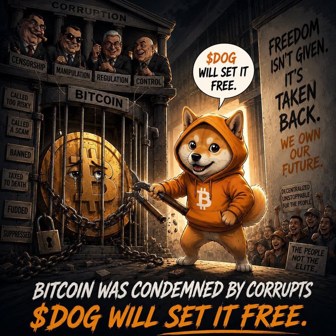 A meme-style crypto illustration featuring a Shiba Inu dog in an orange Bitcoin hoodie holding a hammer before a chained Bitcoin coin, with banners reading "CORRUPTION," "FREEDOM ISN'T GIVEN. IT'S TAKEN BACK," and "$DOG WILL SET IT FREE," and bottom text "BITCOIN WAS CONDEMNED BY CORRUPTS $DOG WILL SET IT FREE."