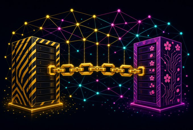 A digital artwork depicting two server towers connected by a golden chain, one with a yellow zebra pattern and the other with a pink circuit/floral pattern, surrounded by a network of colorful connected nodes.