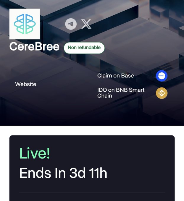 A promotional banner for the **CereBree** token offering, showing a "Non refundable" tag, options to "Claim on Base" and "IDO on BNB Smart Chain," with a live countdown stating **"Live! Ends In 3d 11h."** The image visually reinforces the post's urgent message about a 3-day deadline to participate in the subscription via USDC.