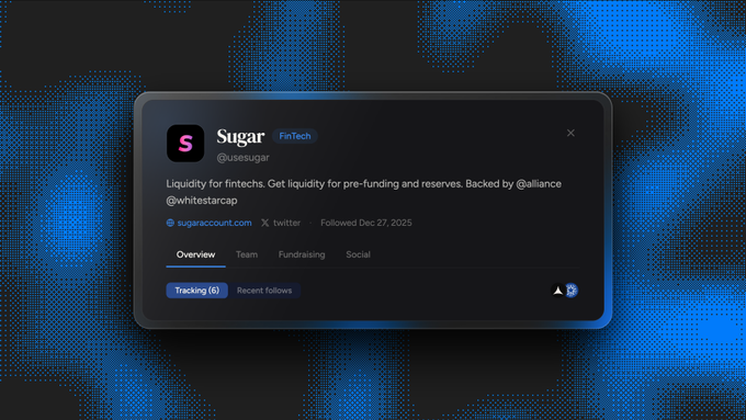 The image shows a profile card for Sugar (FinTech), tagged @usesugar, displayed against a blue dotted world map background. The card describes Sugar as "Liquidity for fintechs" backed by @whitestarcap, with tracking initiated on Dec 27, 2025, relating to the post announcing Sugar's stealth launch backed by Alliance.