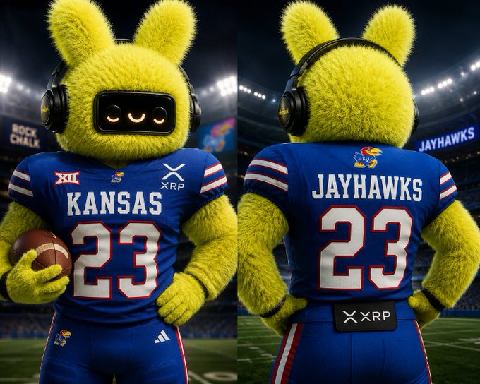 The image shows front and back views of the University of Kansas Jayhawks mascot (a yellow bird-like figure) wearing a blue football jersey featuring the XRP/Ripple logo on the chest, "KANSAS" and "JAYHAWKS" text, and the number 23, set in a stadium with "ROCK CHALK" and "JAYHAWKS" signage visible in the background—visually representing the groundbreaking jersey sponsorship deal between Ripple (XRP) and the University of Kansas.