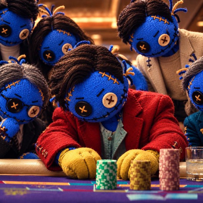 A surreal image of multiple blue stitched voodoo doll-like figures with button eyes wearing business attire, gathered around a poker table stacked with casino chips.