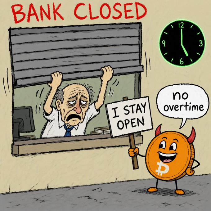 A cartoon depicting a tired bank employee lowering a "BANK CLOSED" shutter while a Bitcoin coin character holds an "I STAY OPEN" sign and declares "no overtime," with a clock showing approximately 5:00.